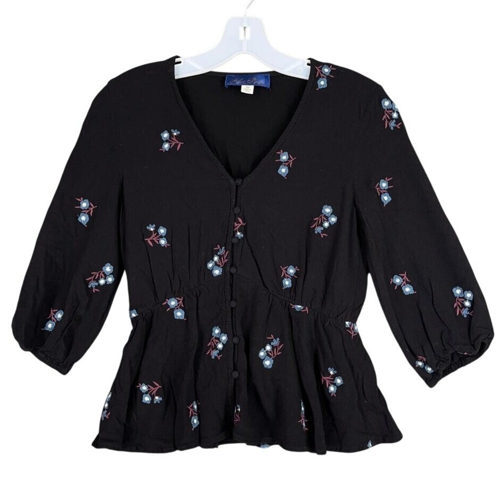 Blue Rain Floral Peplum‎ Blouse V Neck Button Front 3/4 Sleeve Rayon XS Womens